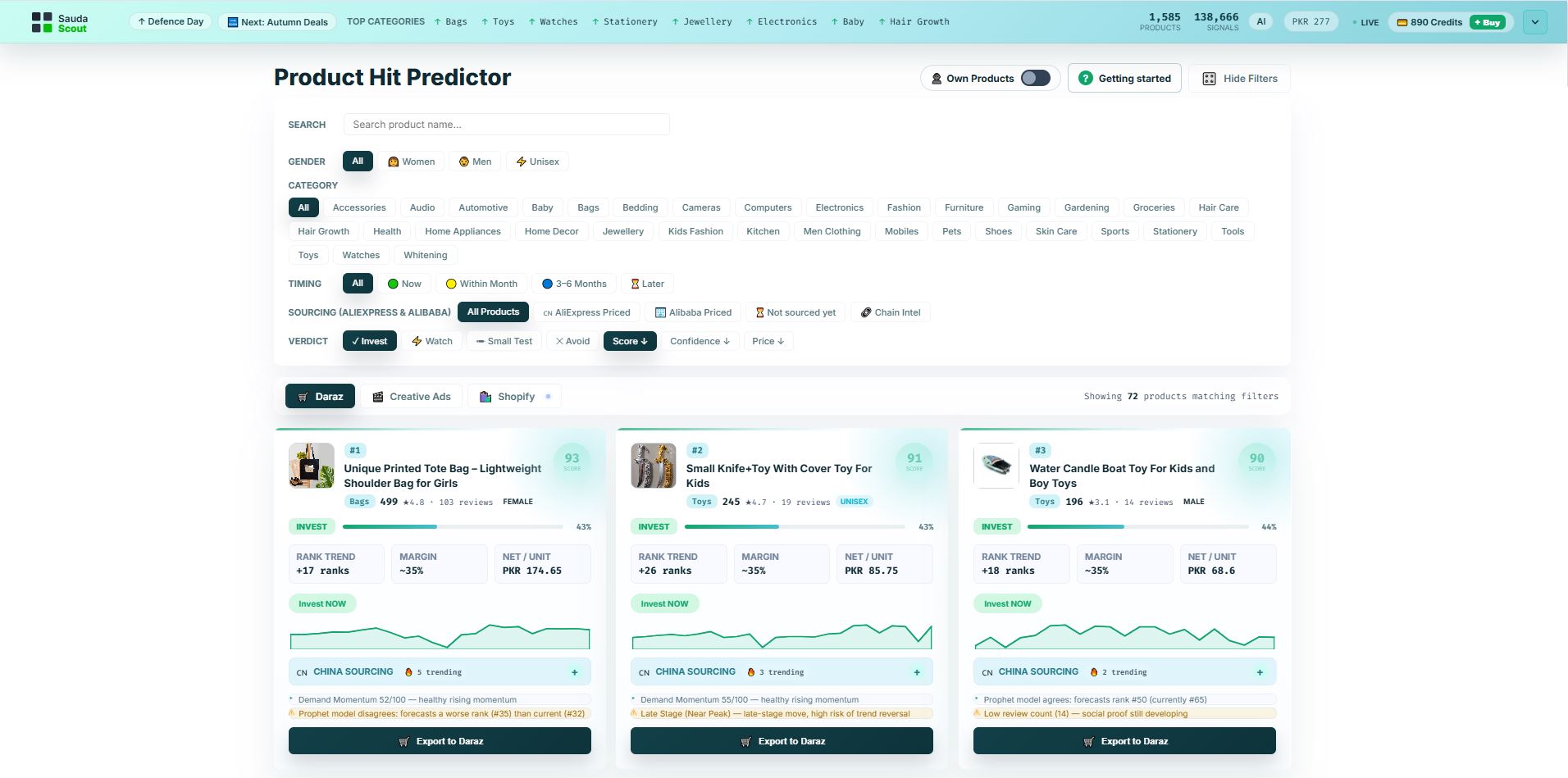 SaudaScout dashboard with the product filters panel expanded