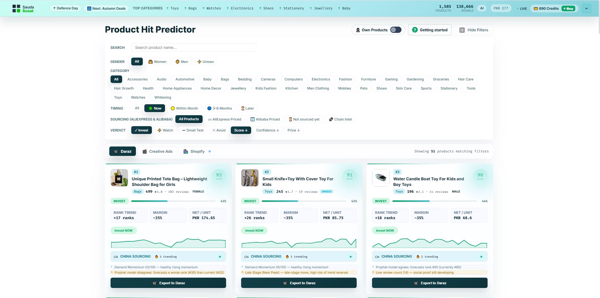 SaudaScout product filters set to Now and Invest with ranked product cards below
